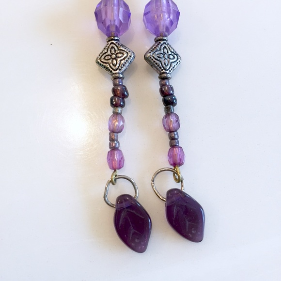 Purple Silver Tone Beaded Drop Dangle Earrings - Picture 4 of 6